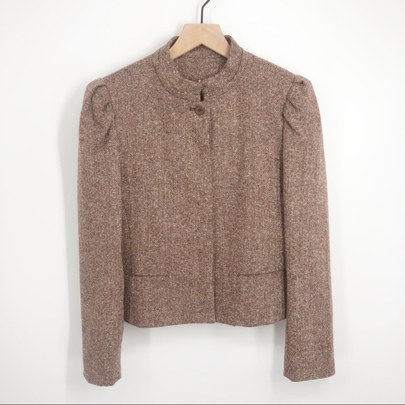 VINTAGE PAT HILTON Tweed Suit Jacket Blazer Brown Puff Embroidered Size 7/8 - Picture 1 of 13